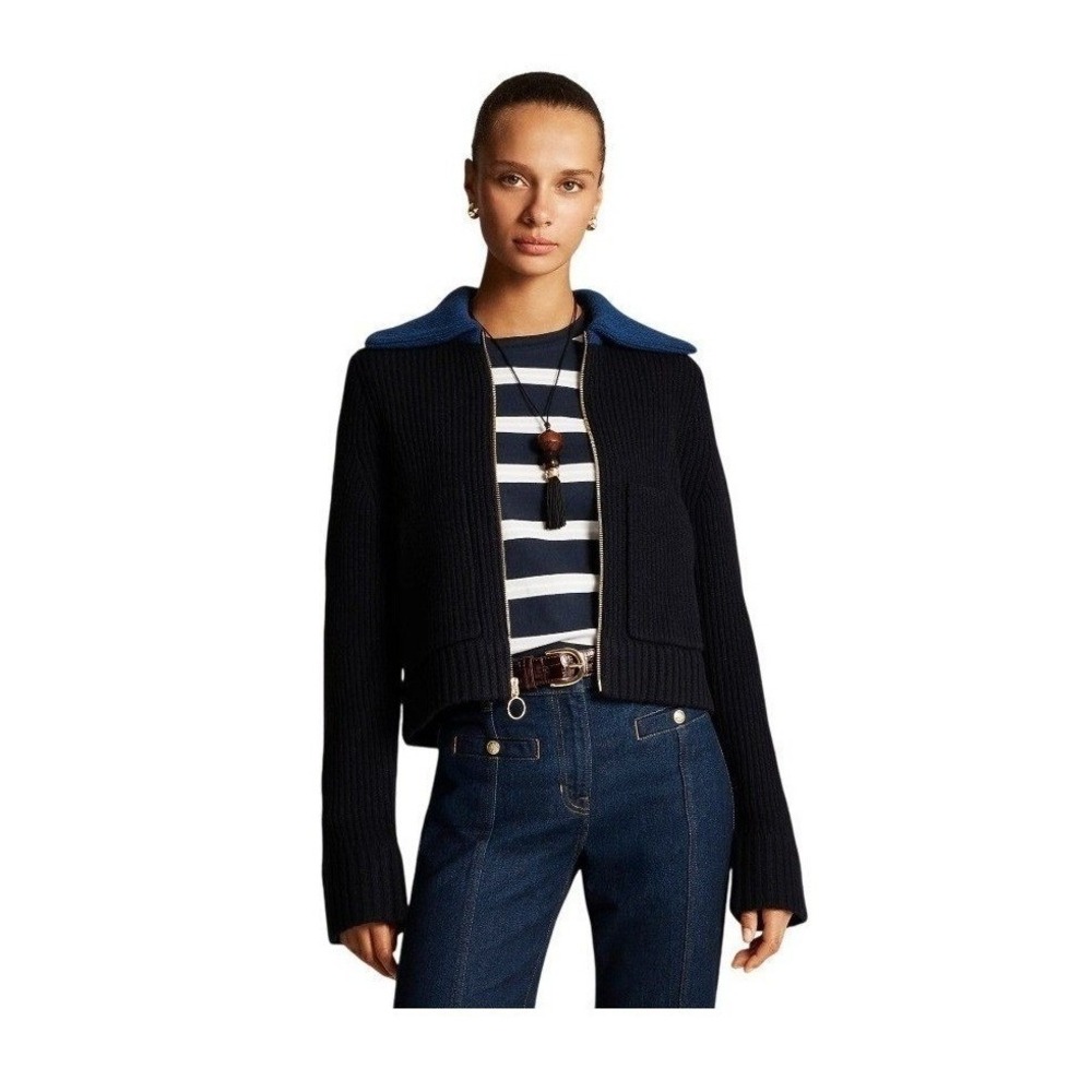 J. Crew Colorblock Collared Full Zip Cardigan Sweater Navy Blue Merino Wool M